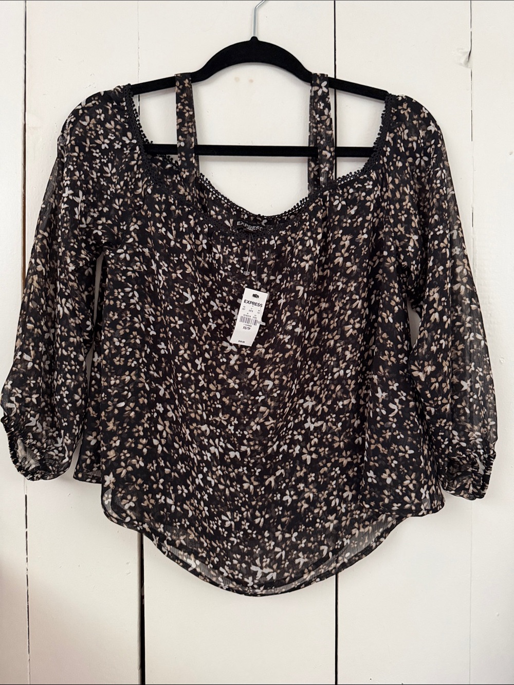 Express Black Floral Off-Shoulder Sheer Blouse